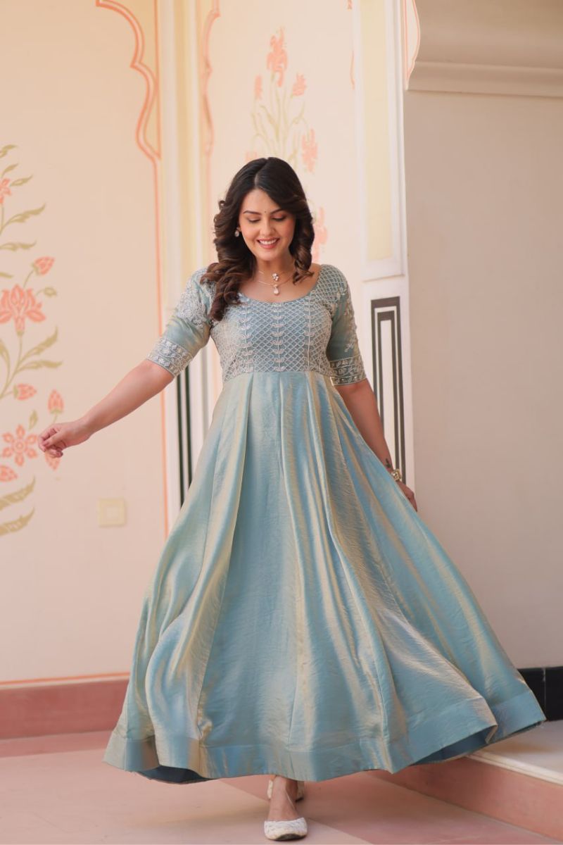 Sky Blue Fendy Gown with Embroidered Dupatta Suit Set.