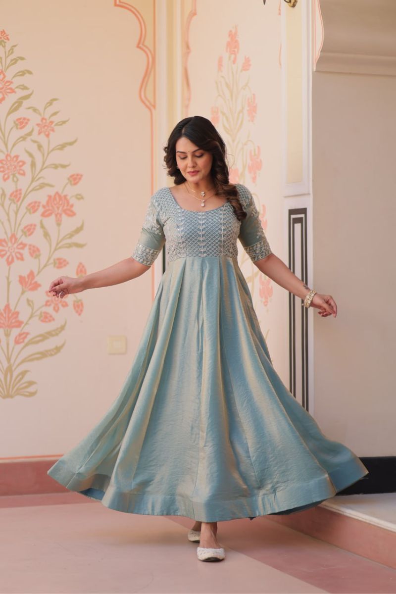 Sky Blue Fendy Gown with Embroidered Dupatta Suit Set.