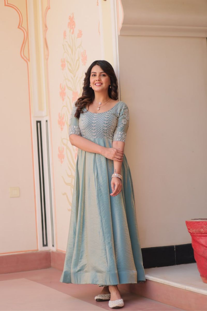 Sky Blue Fendy Gown with Embroidered Dupatta Suit Set.