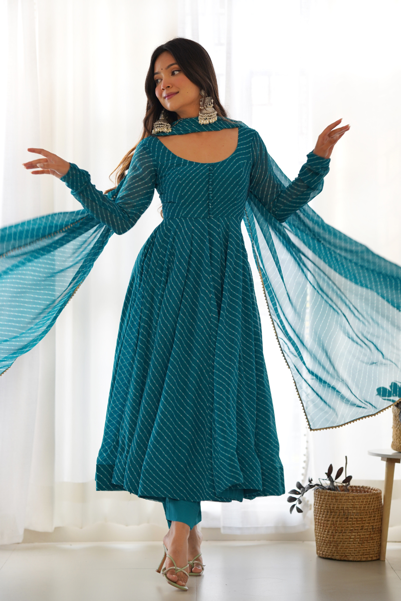 Gown Made of Pure Fox Georgette in Sky Blue with Dupatta