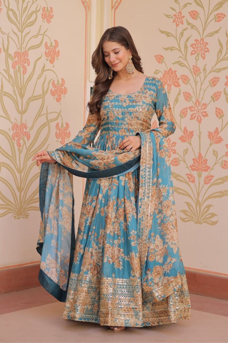Rich Digital Print Gown with Dupatta in Sky Blue Russian Silk