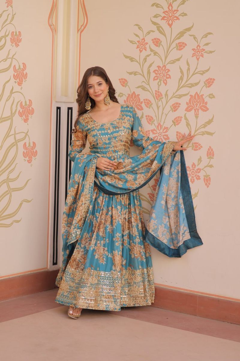 Rich Digital Print Gown with Dupatta in Sky Blue Russian Silk