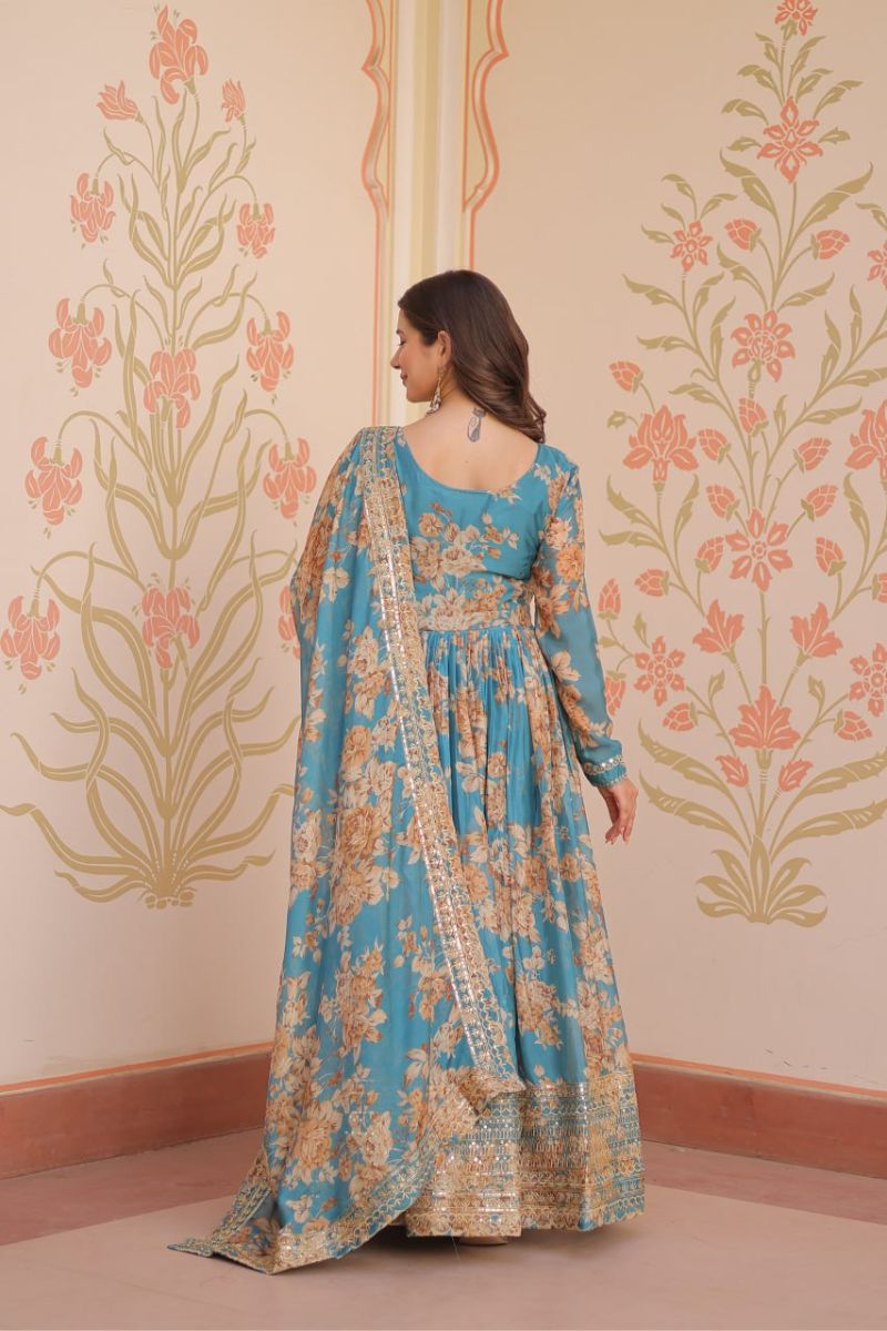 Rich Digital Print Gown with Dupatta in Sky Blue Russian Silk