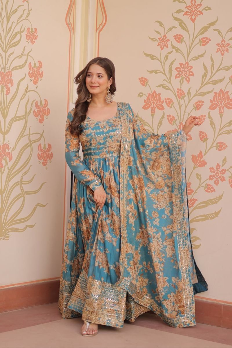 Rich Digital Print Gown with Dupatta in Sky Blue Russian Silk