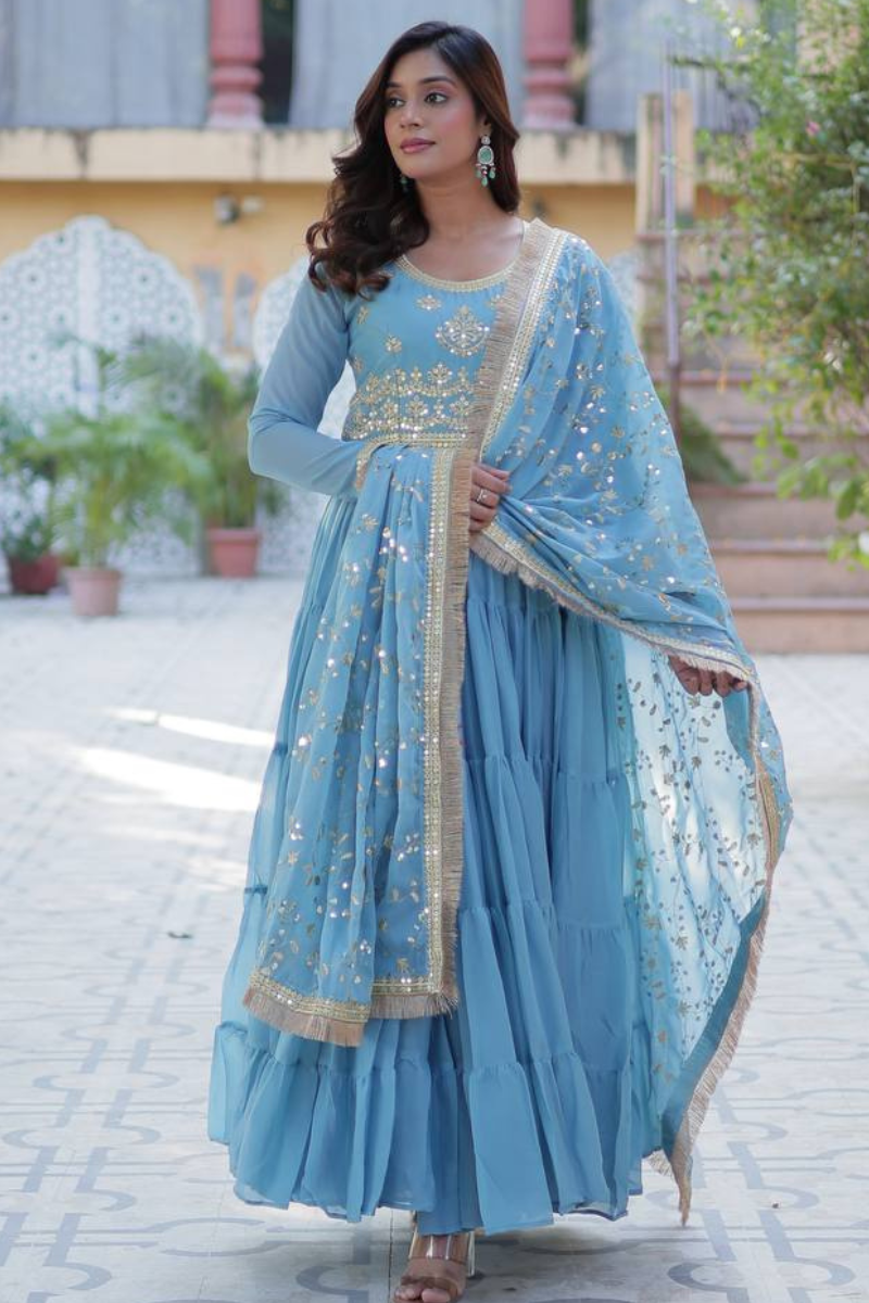 Sky Blue Star Georgette Dress with Embroidered Dupatta