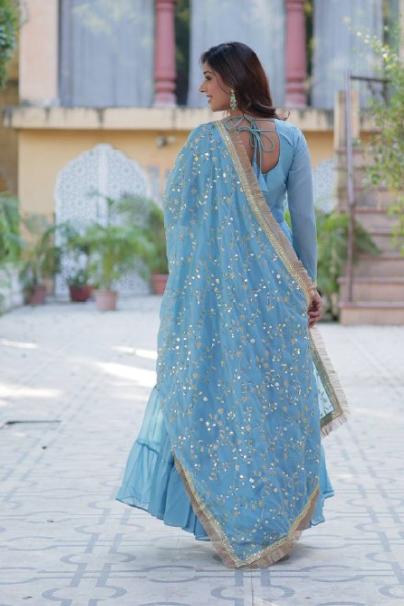 Sky Blue Star Georgette Dress with Embroidered Dupatta