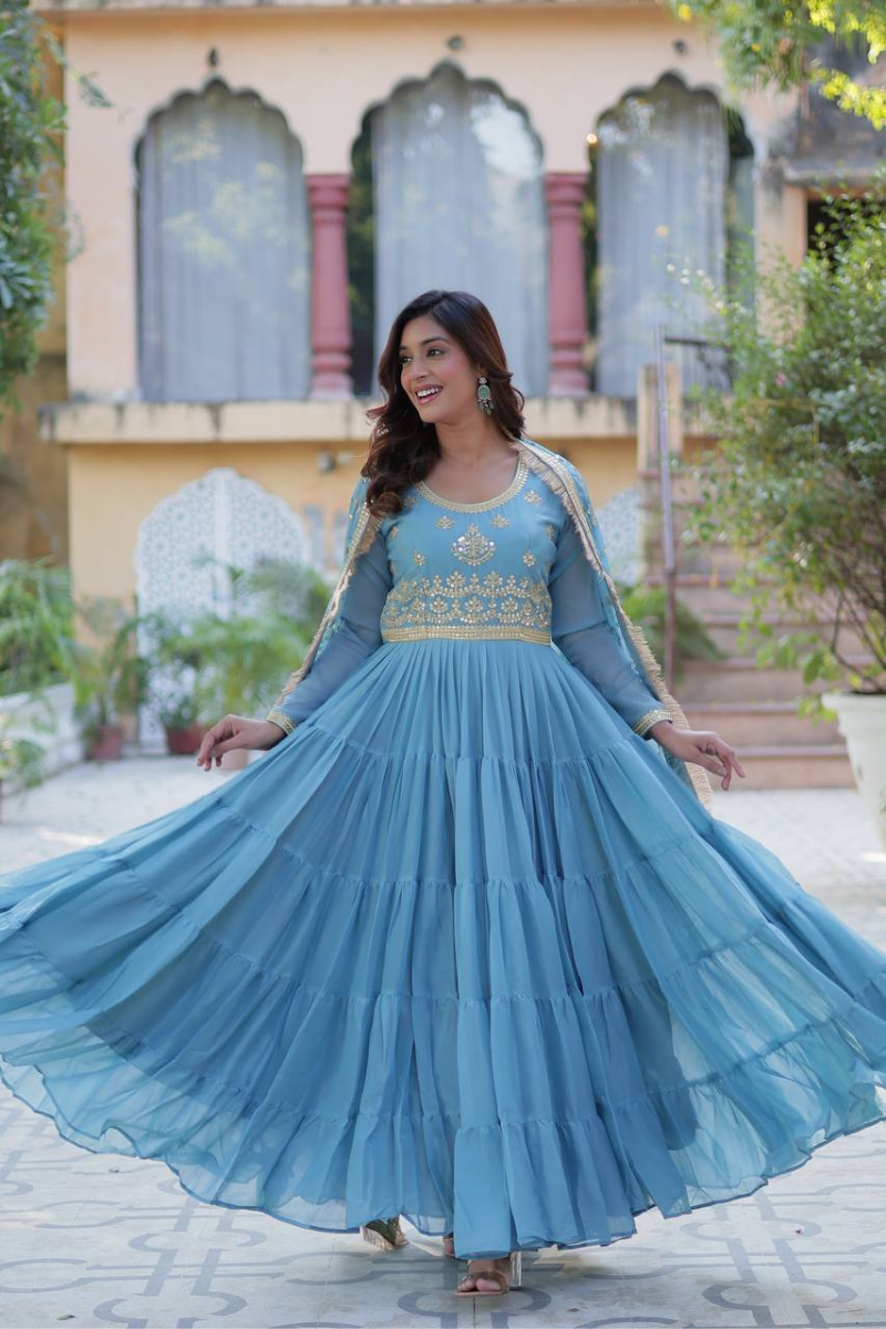 Sky Blue Star Georgette Dress with Embroidered Dupatta