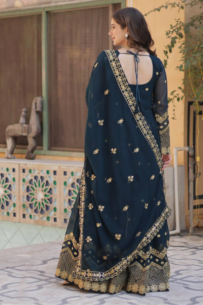 Teal Georgette Dress with Faux Blooming and Dupatta