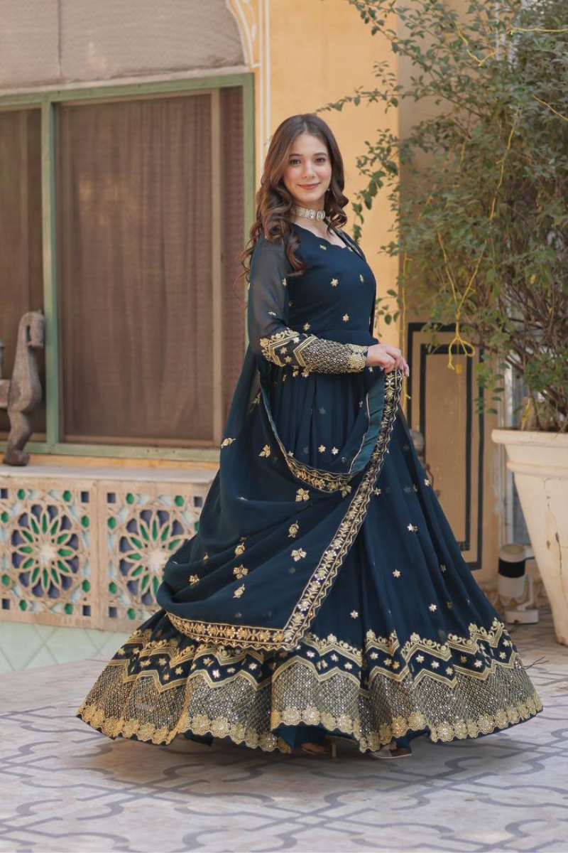 Teal Georgette Dress with Faux Blooming and Dupatta