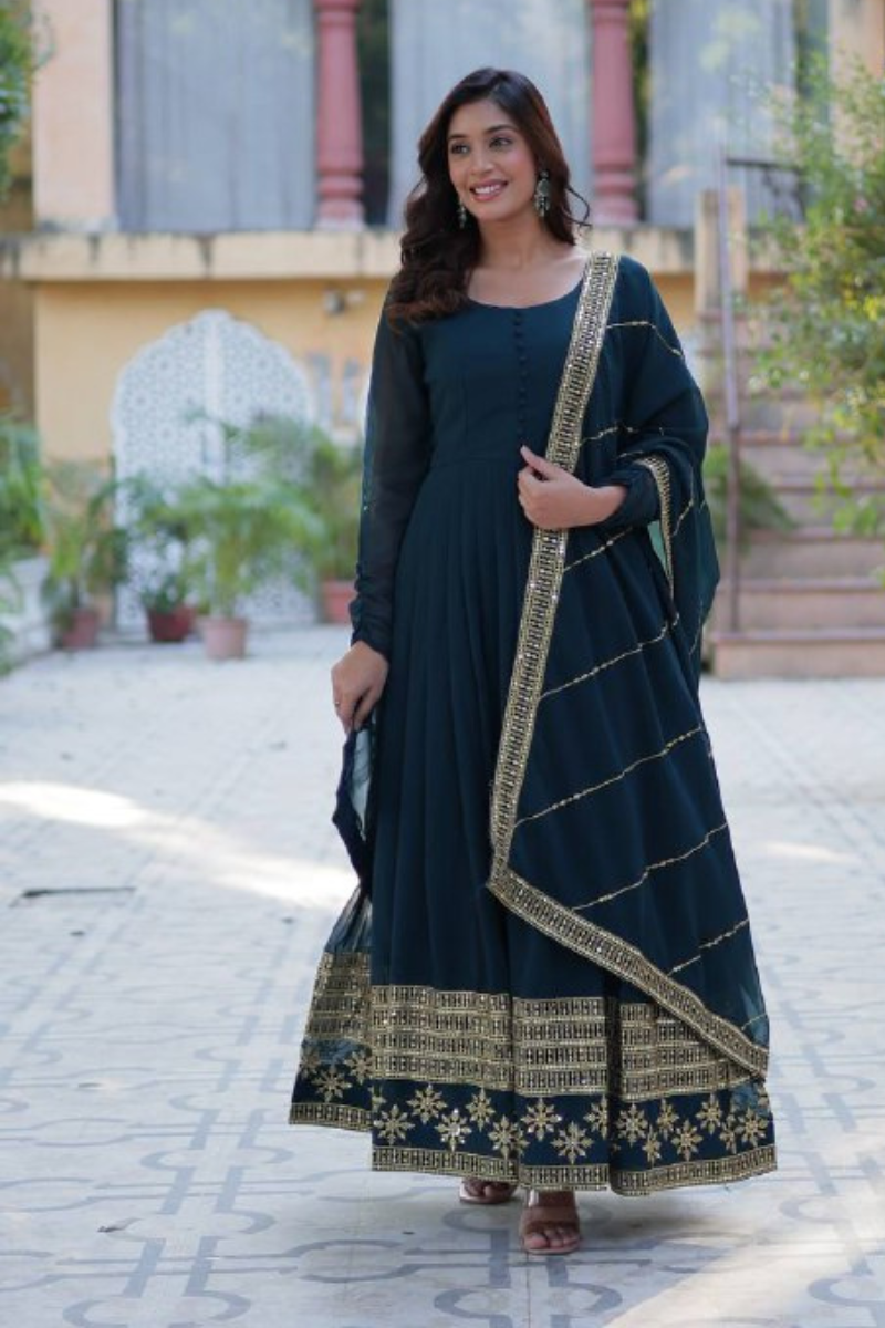 Teal Faux Blooming Gown with Multi-Sequin Dupatta