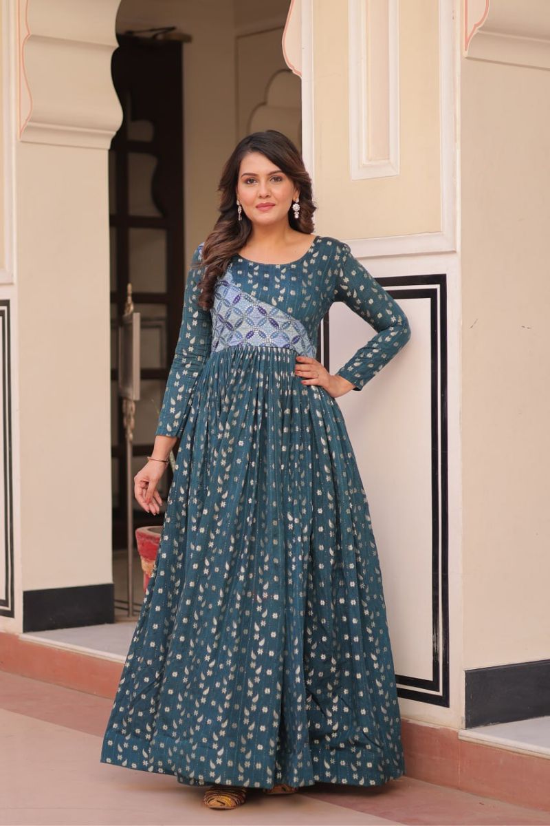 Work Gown with Print Choli Design in Turquoise Blue Print Jequard