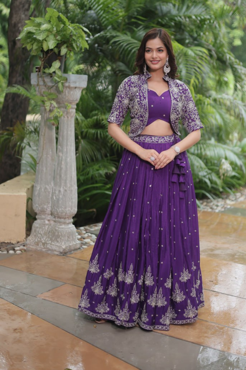 Butti Lehanga Top with Jacket Set and Violet Chinnon with Sequins
