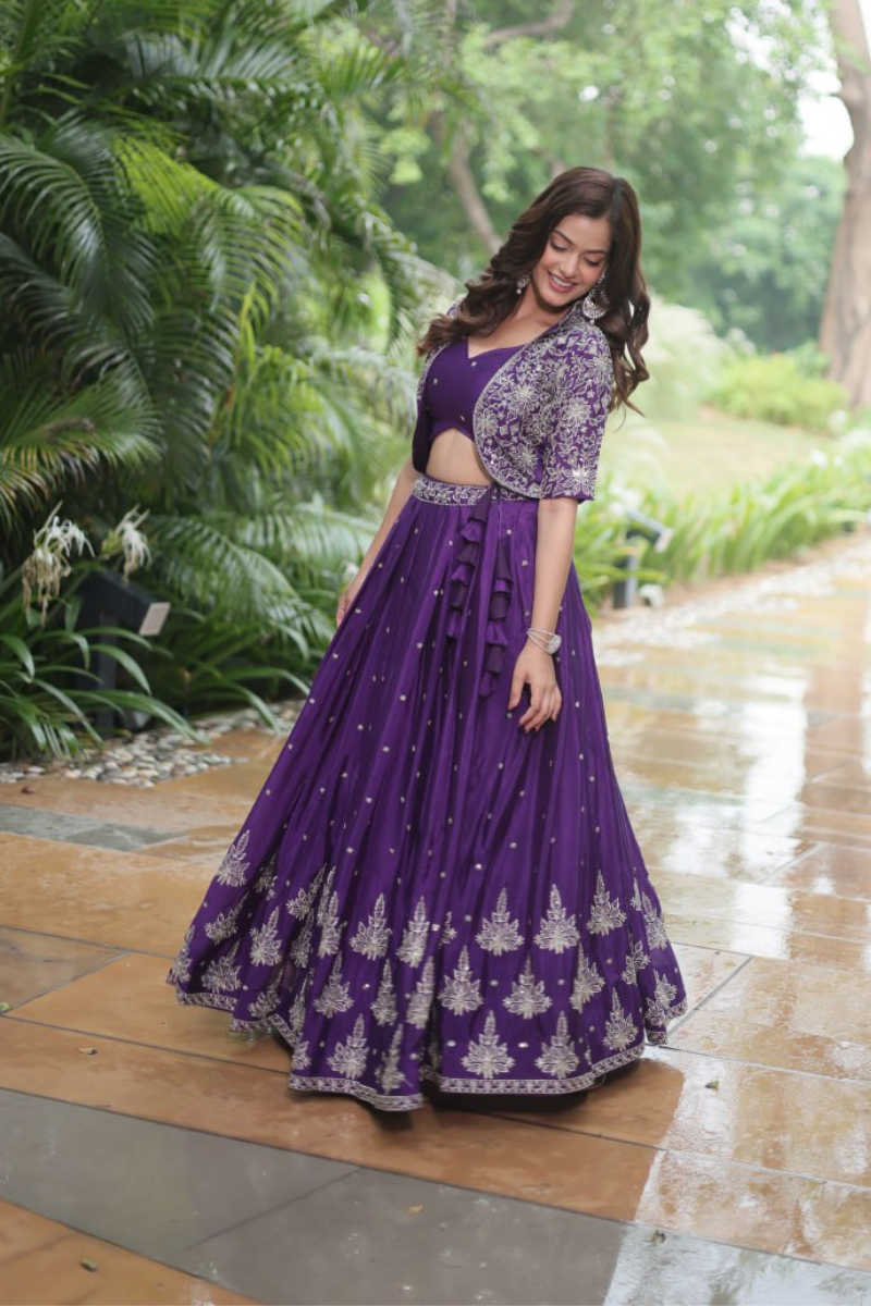 Butti Lehanga Top with Jacket Set and Violet Chinnon with Sequins