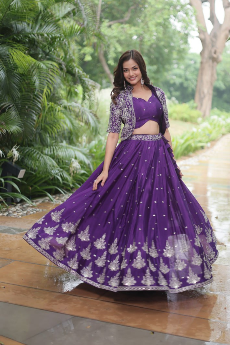 Butti Lehanga Top with Jacket Set and Violet Chinnon with Sequins