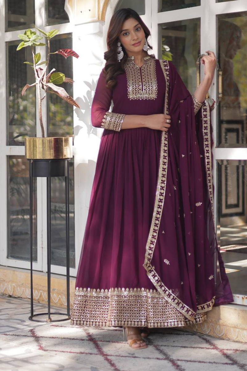 Anarkali with Violet Faux Blooming Gown in Georgette with Dupatta