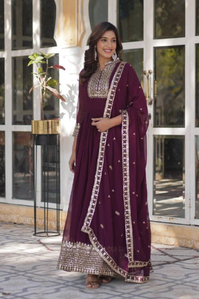 Anarkali with Violet Faux Blooming Gown in Georgette with Dupatta