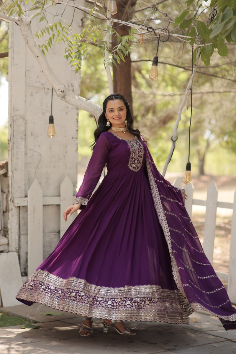 Violet Faux Blooming Gown Embroidered Dupatta