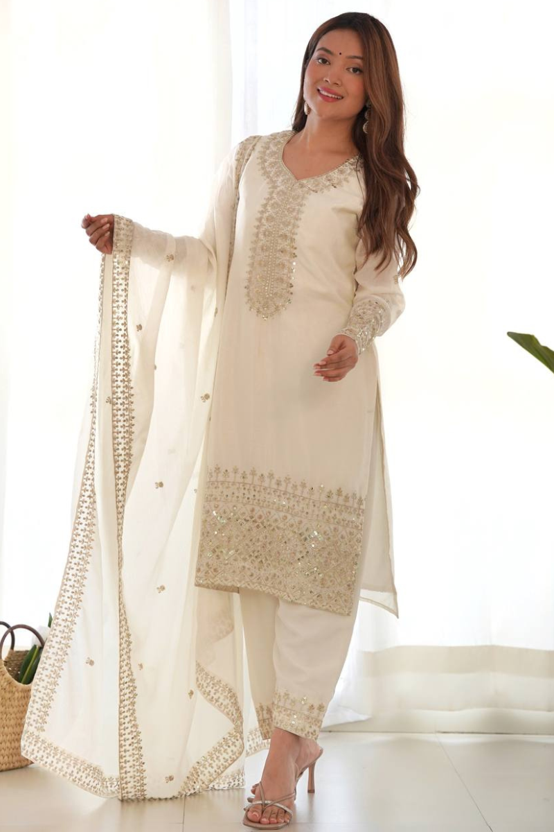 Kurta Dupatta Pant Set in White, Heavy, Pure Soft Organja Silk Print