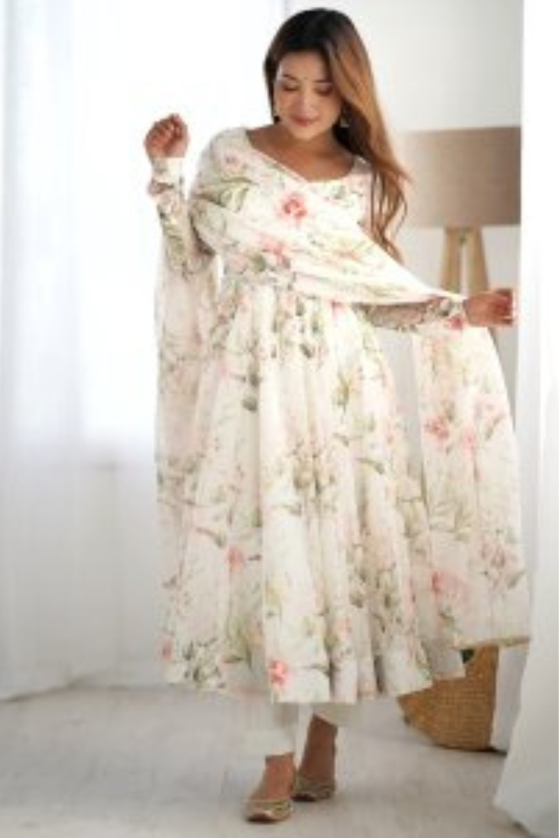 White Gown Dupatta Set with Pure Blooming Rangoli Silk