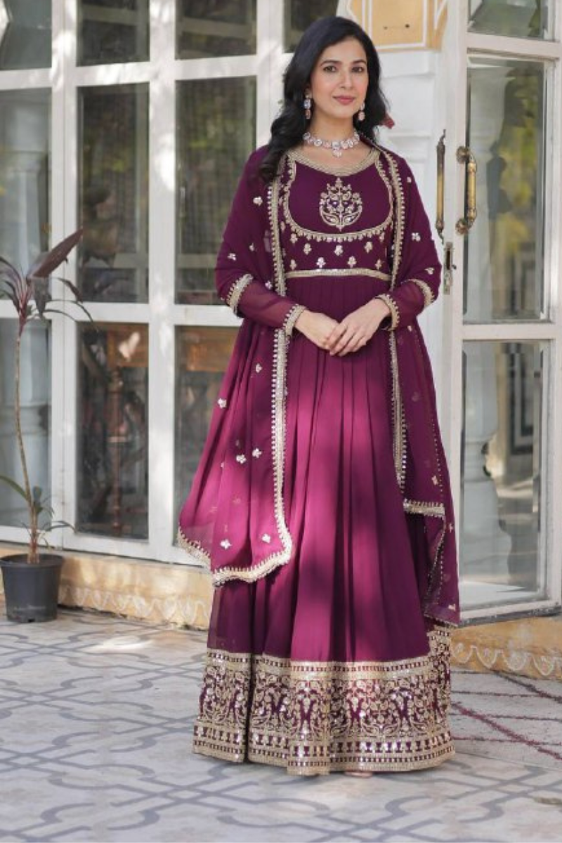 Georgette Anarkali Gown with Dupatta and Wine Faux Blooming