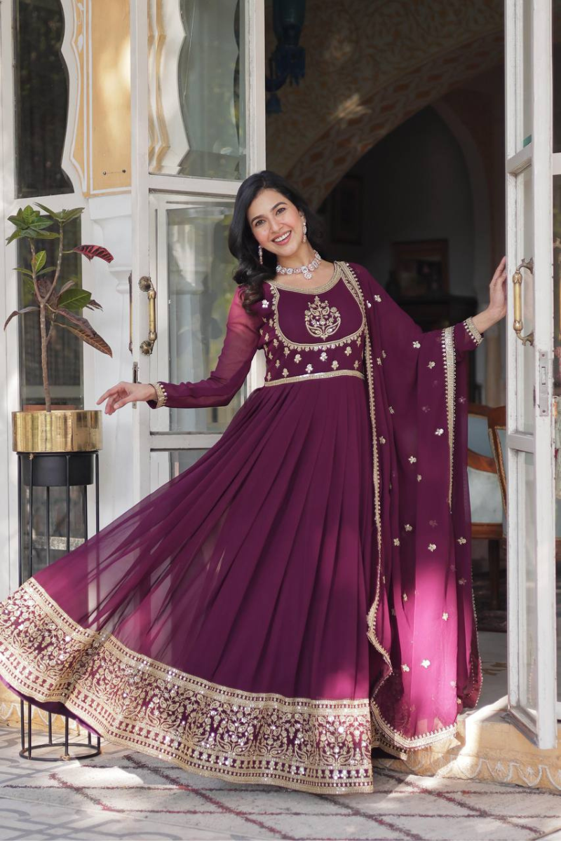 Georgette Anarkali Gown with Dupatta and Wine Faux Blooming