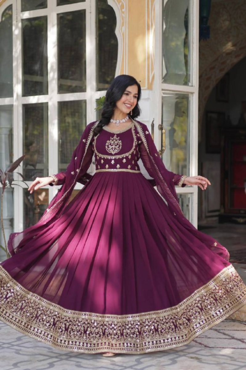 Georgette Anarkali Gown with Dupatta and Wine Faux Blooming
