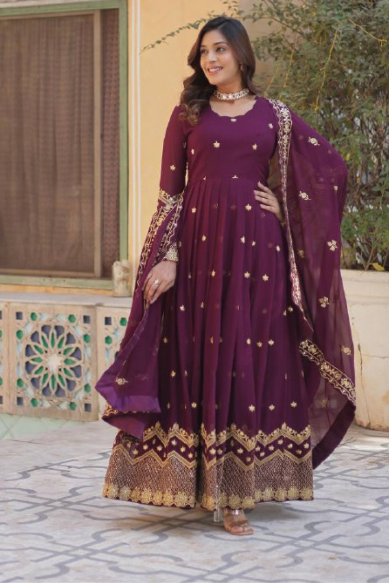 Wine-Filled Georgette Dress with Dupatta