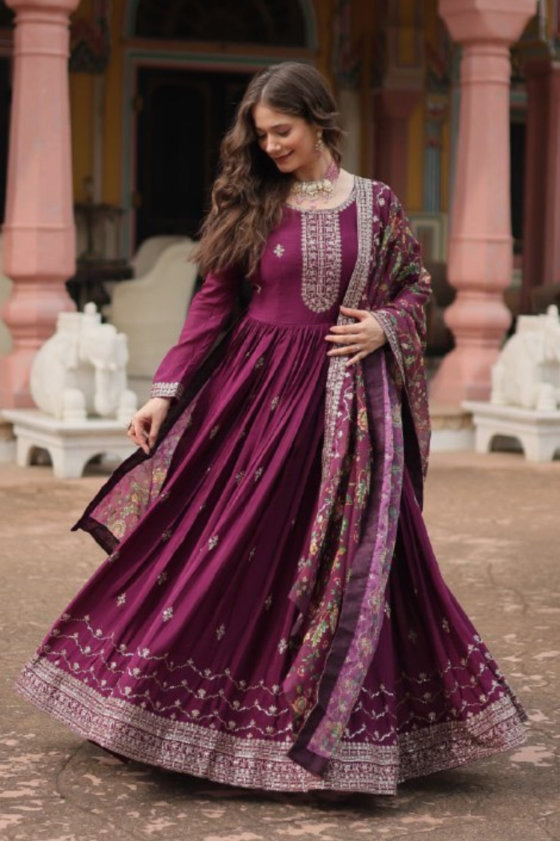 Tebby Silk Gown with Dupatta Printed with Wine Kalamkari