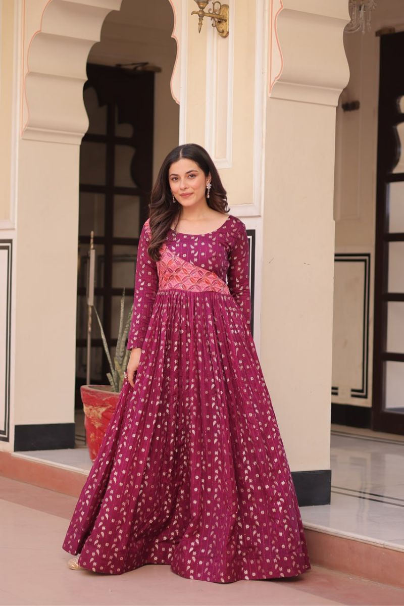 Work Gown with Print Choli Design and Wine Print Jequard
