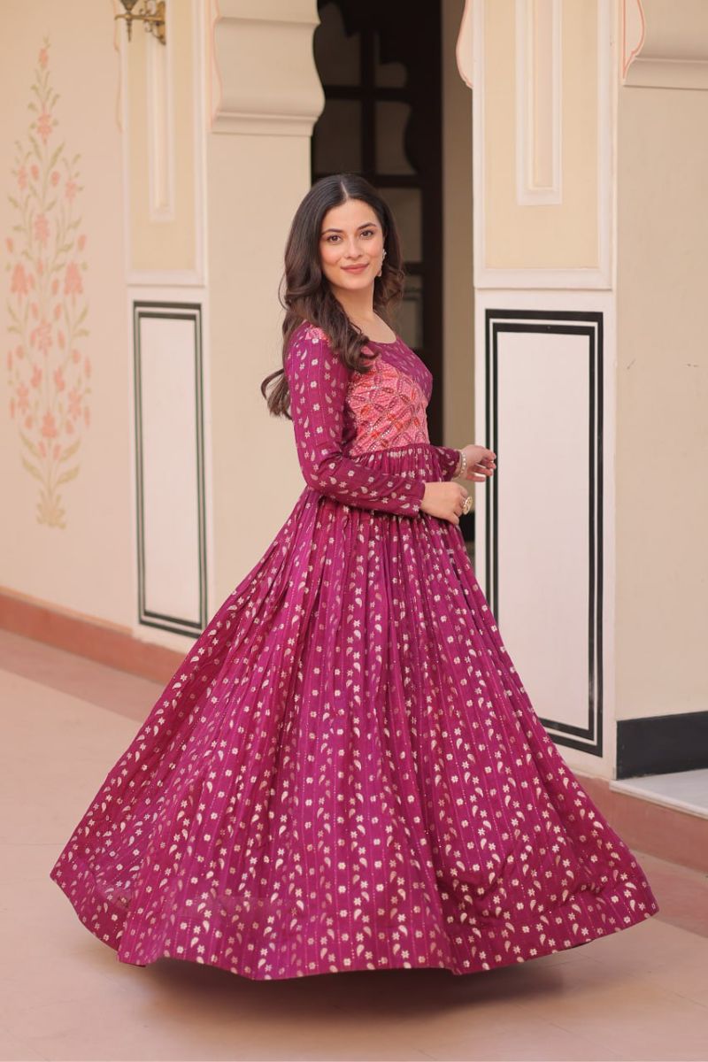 Work Gown with Print Choli Design and Wine Print Jequard