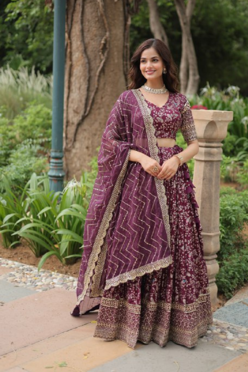 Viscose Jacquard Lehanga Choli Dupatta Set in Wine Pure Dyable