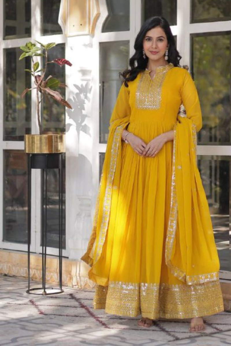 Anarkali in Yellow Faux Blooming Georgette and Dupatta Gown
