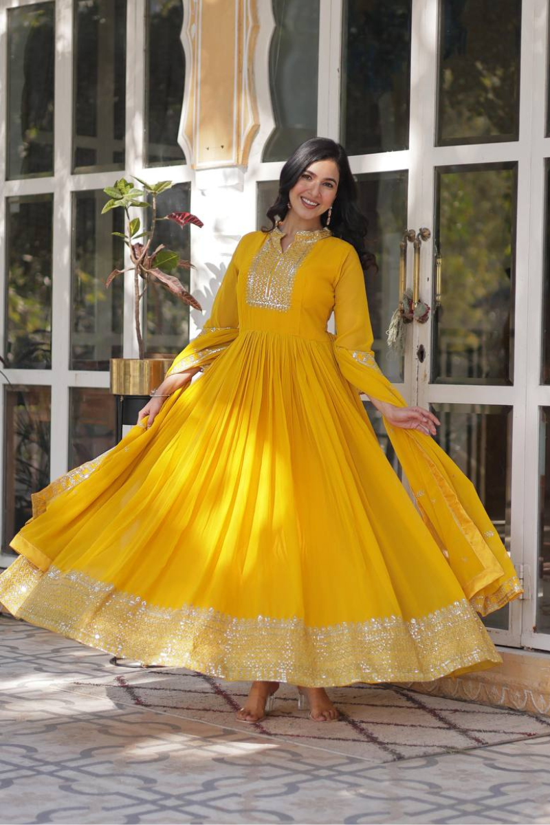 Anarkali in Yellow Faux Blooming Georgette and Dupatta Gown