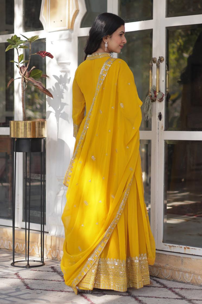 Anarkali in Yellow Faux Blooming Georgette and Dupatta Gown