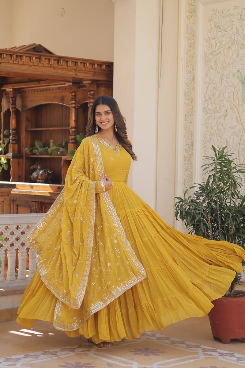 Yellow Faux Georgette Dress with Embroidered Dupatta