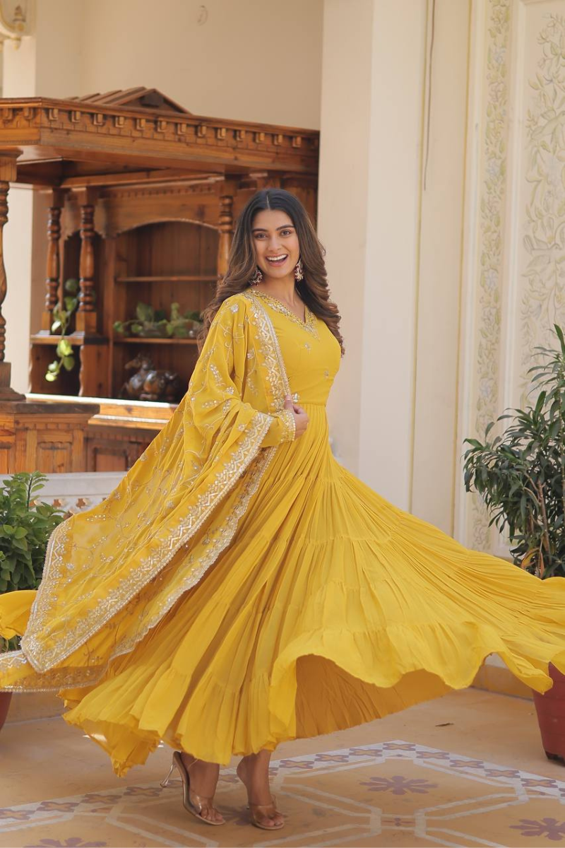 Yellow Faux Georgette Dress with Embroidered Dupatta