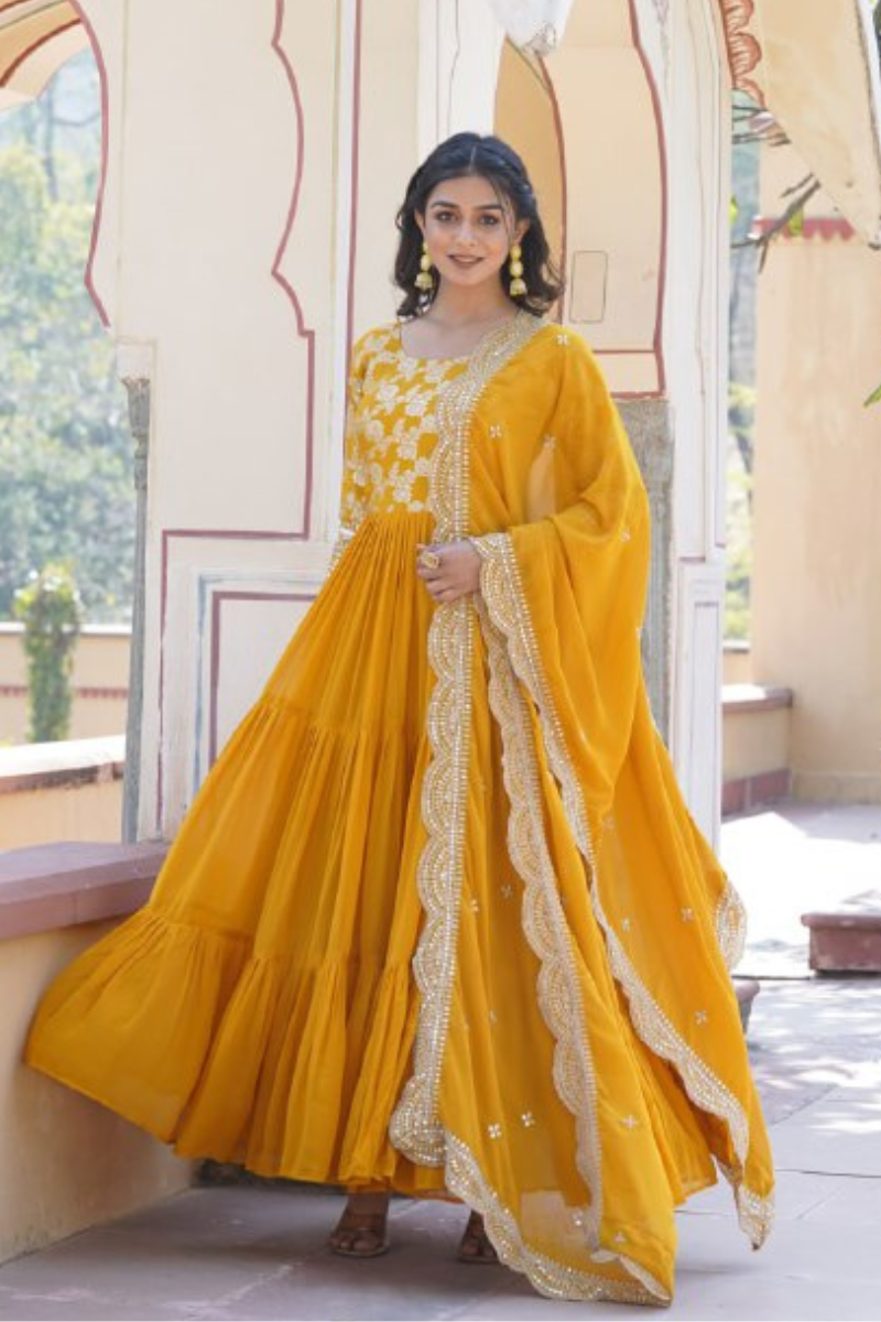 Diable Jacquard Gown in Yellow Viscose with Dupatta