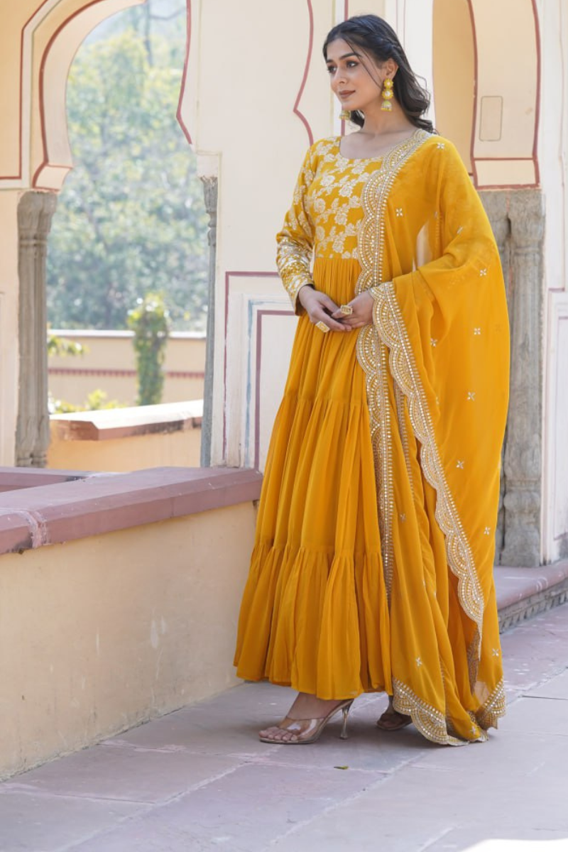 Diable Jacquard Gown in Yellow Viscose with Dupatta